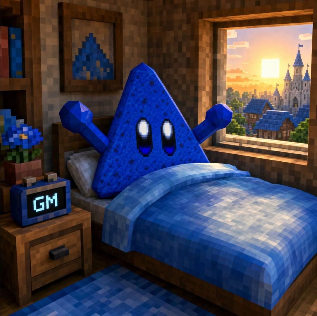 BLUECHIP waking up in bed, alarm clock reads GM